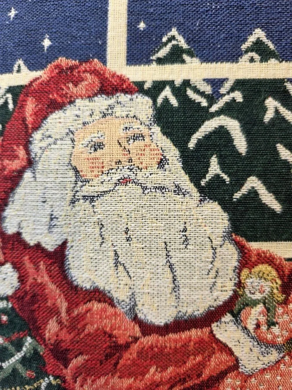 Vintage 90s Needlepoint Santa Pillow 16 in Sq Christmas Tapestry Cushion Holiday